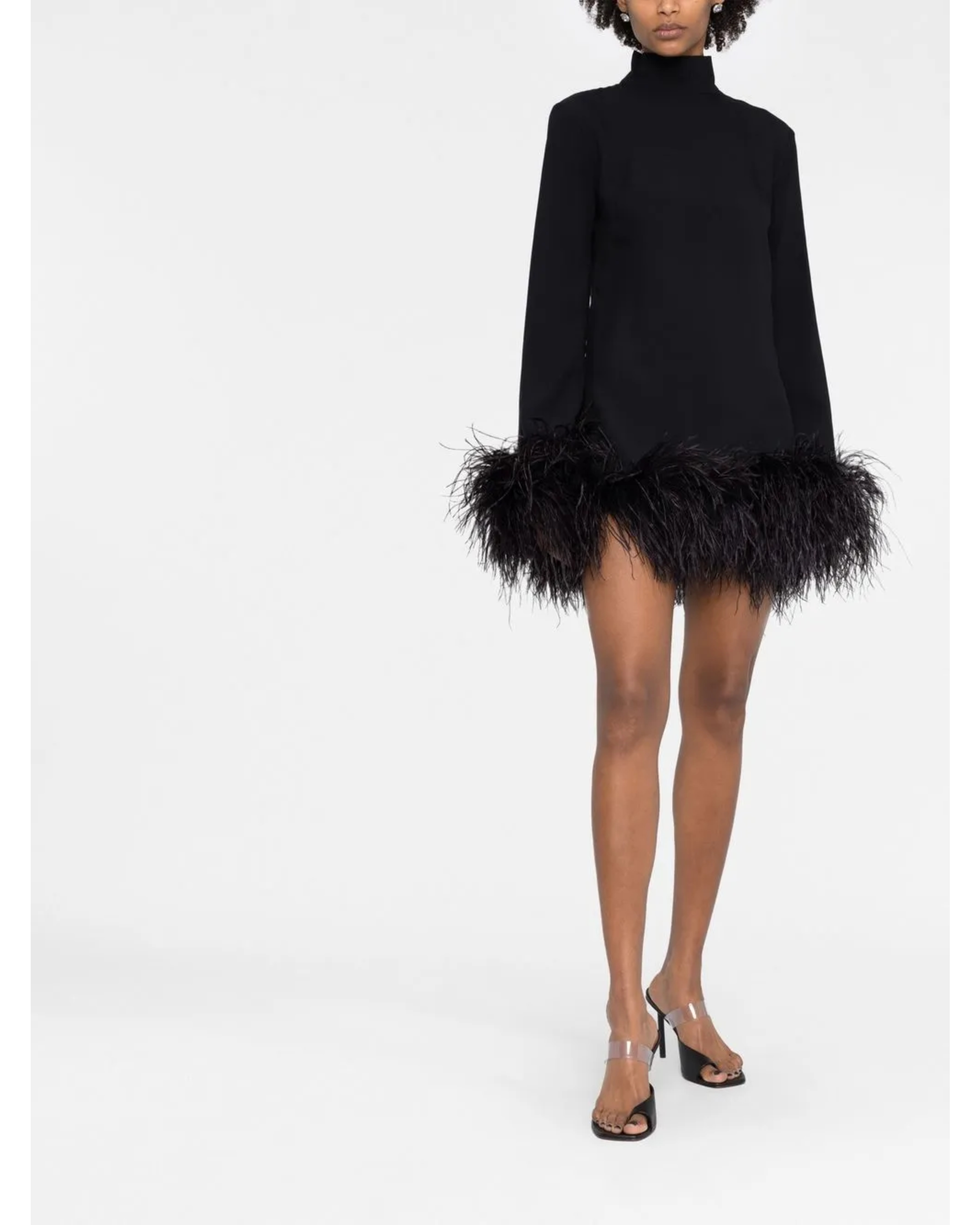 Black turtleneck mini dress with feather trim hem — Taller Marmo | Endless UAE