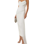 White draped midi dress in crepe-chiffon with cowl neckline and side slit — Zeena Zaki | Endless UAE