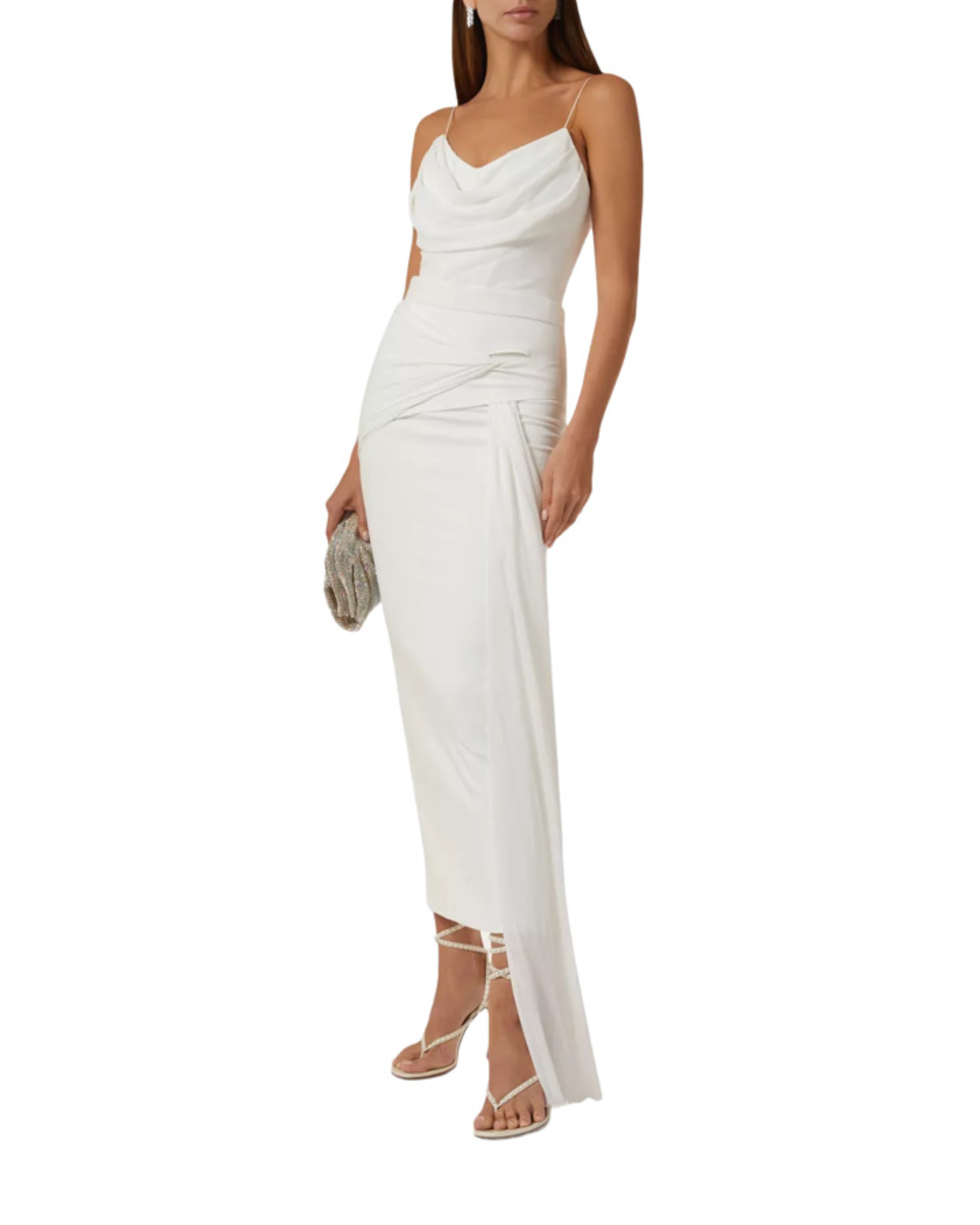White draped midi dress in crepe-chiffon with cowl neckline and side slit — Zeena Zaki | Endless UAE