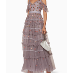Vintage-Lavender Celeste Embellished Gown with tiered ruffles and floral beading — Needle & Thread | Endless UAE