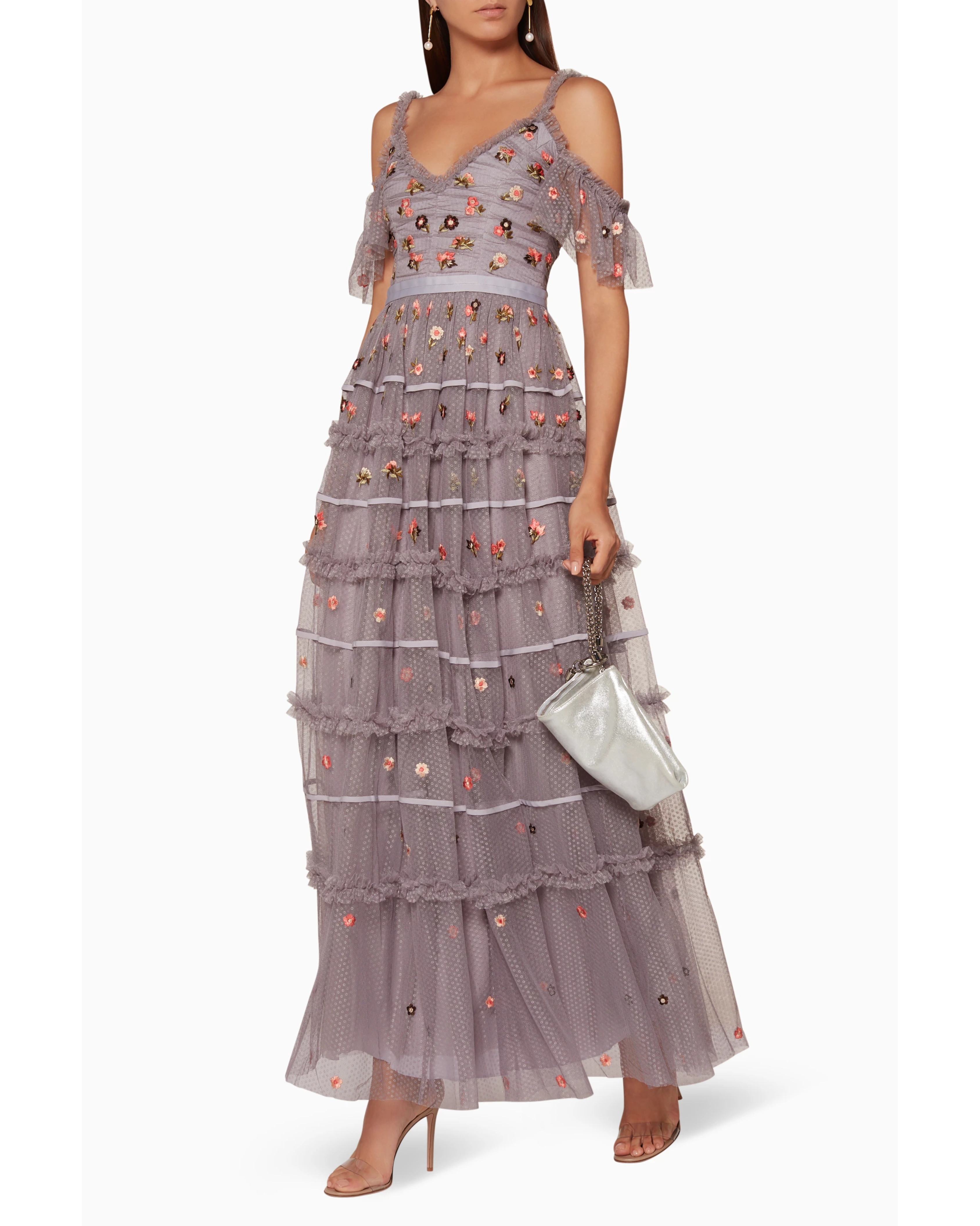 Vintage-Lavender Celeste Embellished Gown with tiered ruffles and floral beading — Needle & Thread | Endless UAE