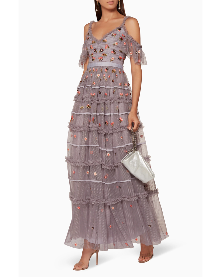 Vintage-Lavender Celeste Embellished Gown with tiered ruffles and floral beading — Needle & Thread | Endless UAE