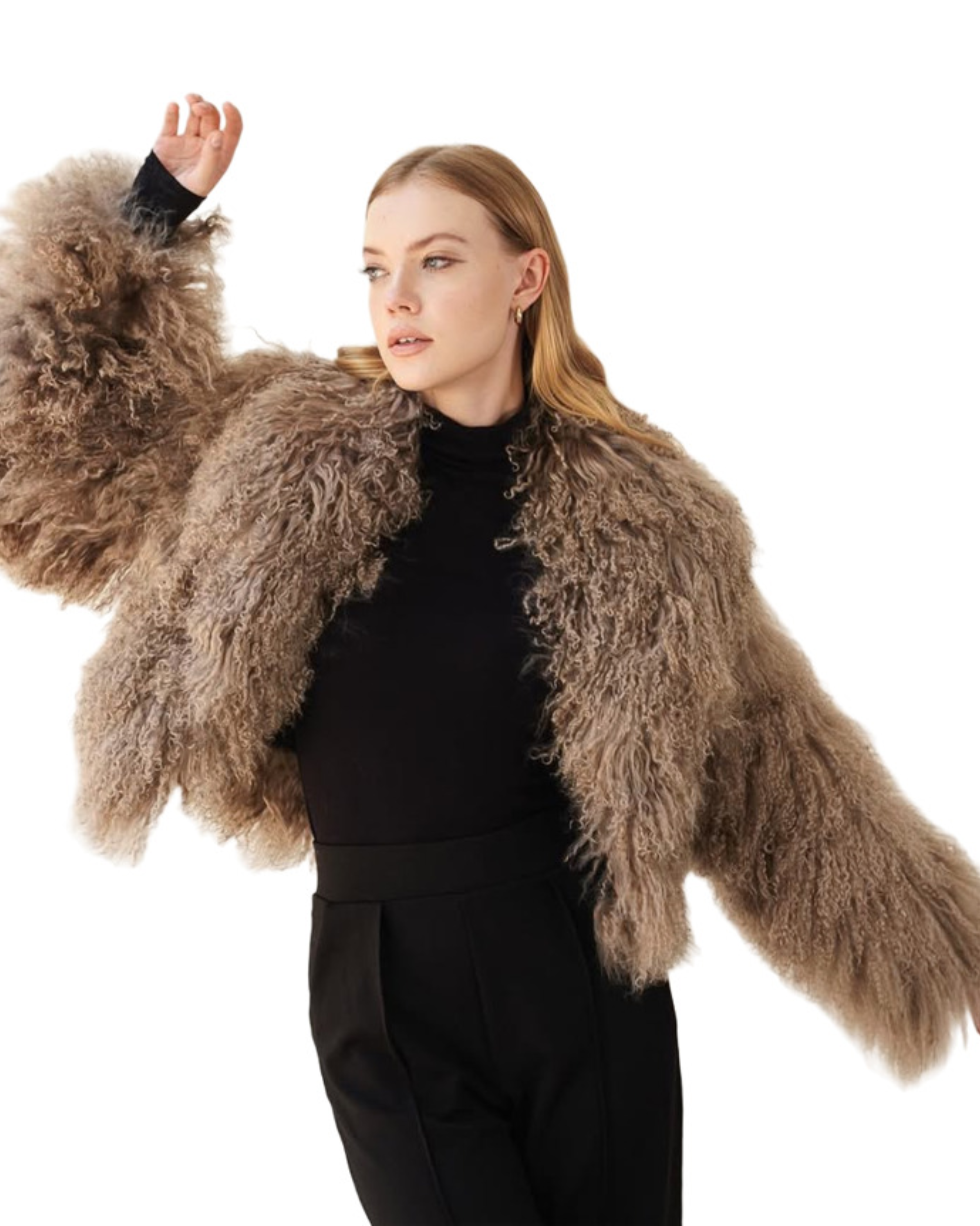 Woman wearing mocha fuzzy cropped jacket over black turtleneck and wide-leg trousers — Madame Magdalena | Endless UAE