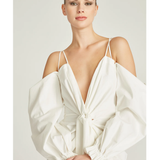 Frida Draped Dress in white with cold-shoulder sleeves and asymmetrical hem — Amur | Endless UAE