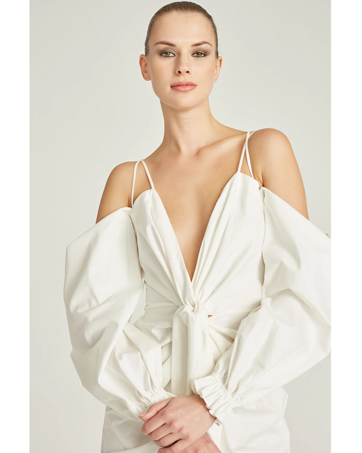 Frida Draped Dress in white with cold-shoulder sleeves and asymmetrical hem — Amur | Endless UAE