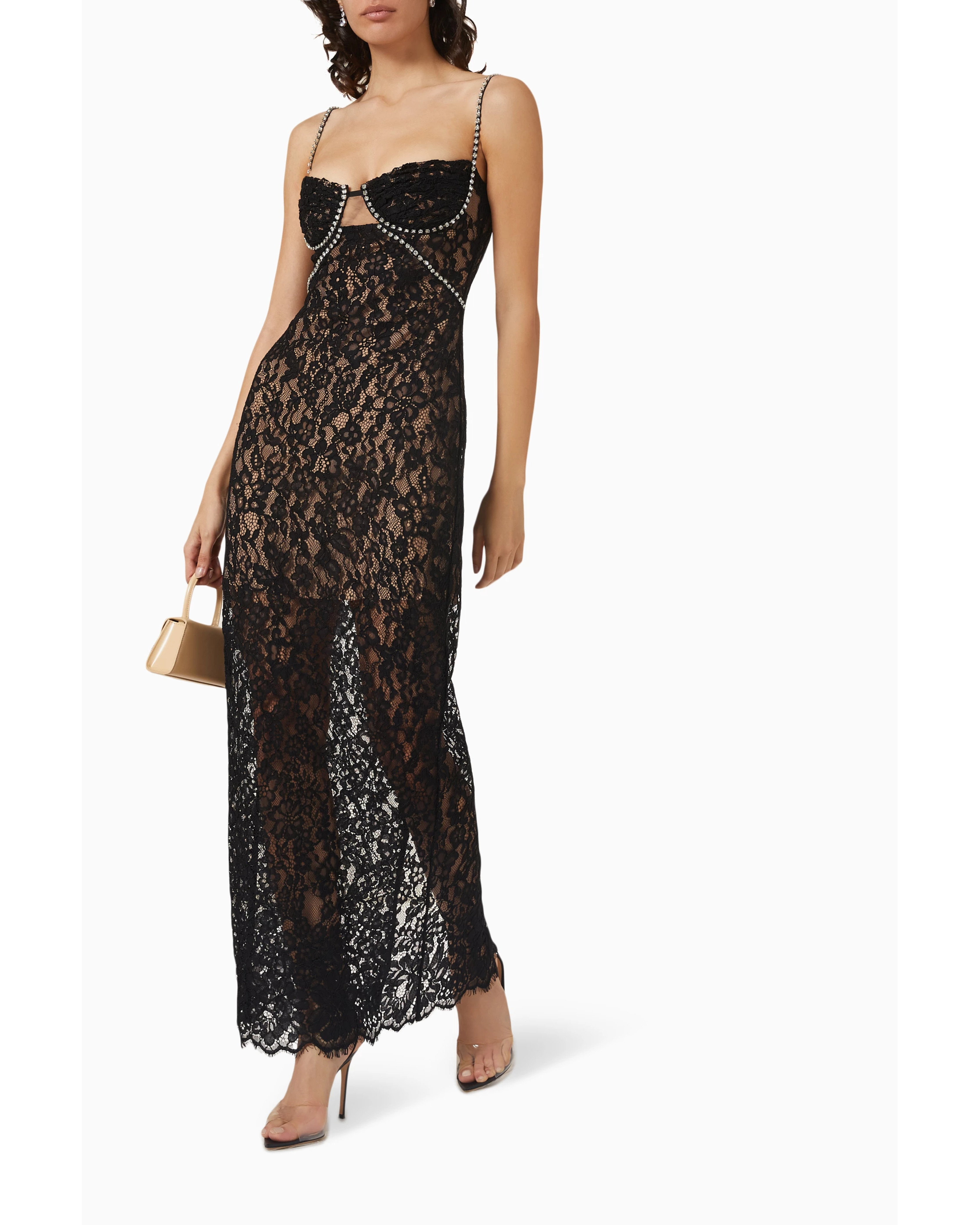 Black lace maxi dress with crystal-embellished straps and sweetheart neckline — Self-Portrait | Endless UAE