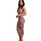 Woman wearing Bonnie Sleeveless Mesh Midi Dress with abstract swirl pattern — Meshki | Endless UAE