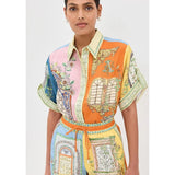 Colorful printed linen co-ord set with ornate architectural motifs — Alemais | Endless UAE