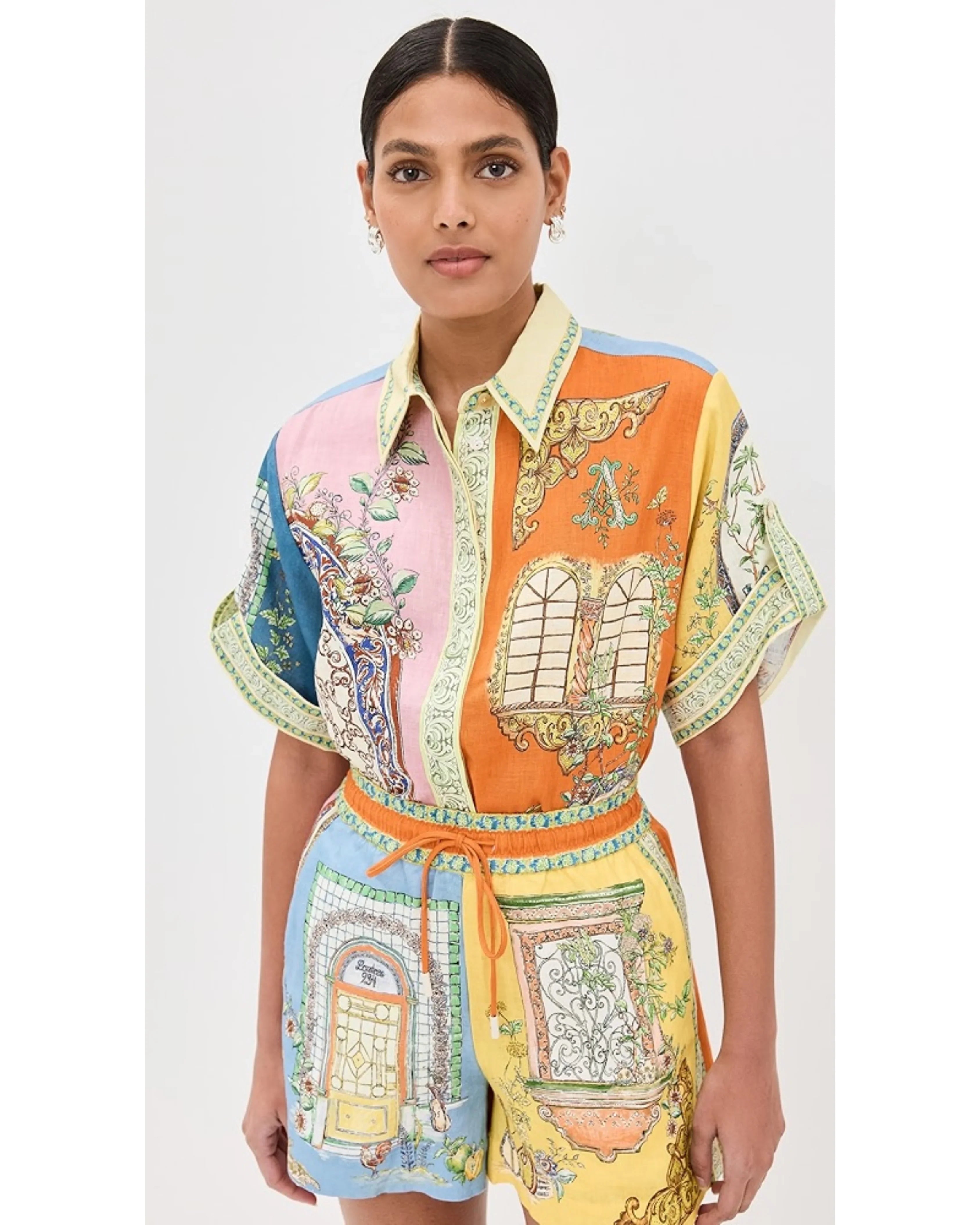 Colorful printed linen co-ord set with ornate architectural motifs — Alemais | Endless UAE
