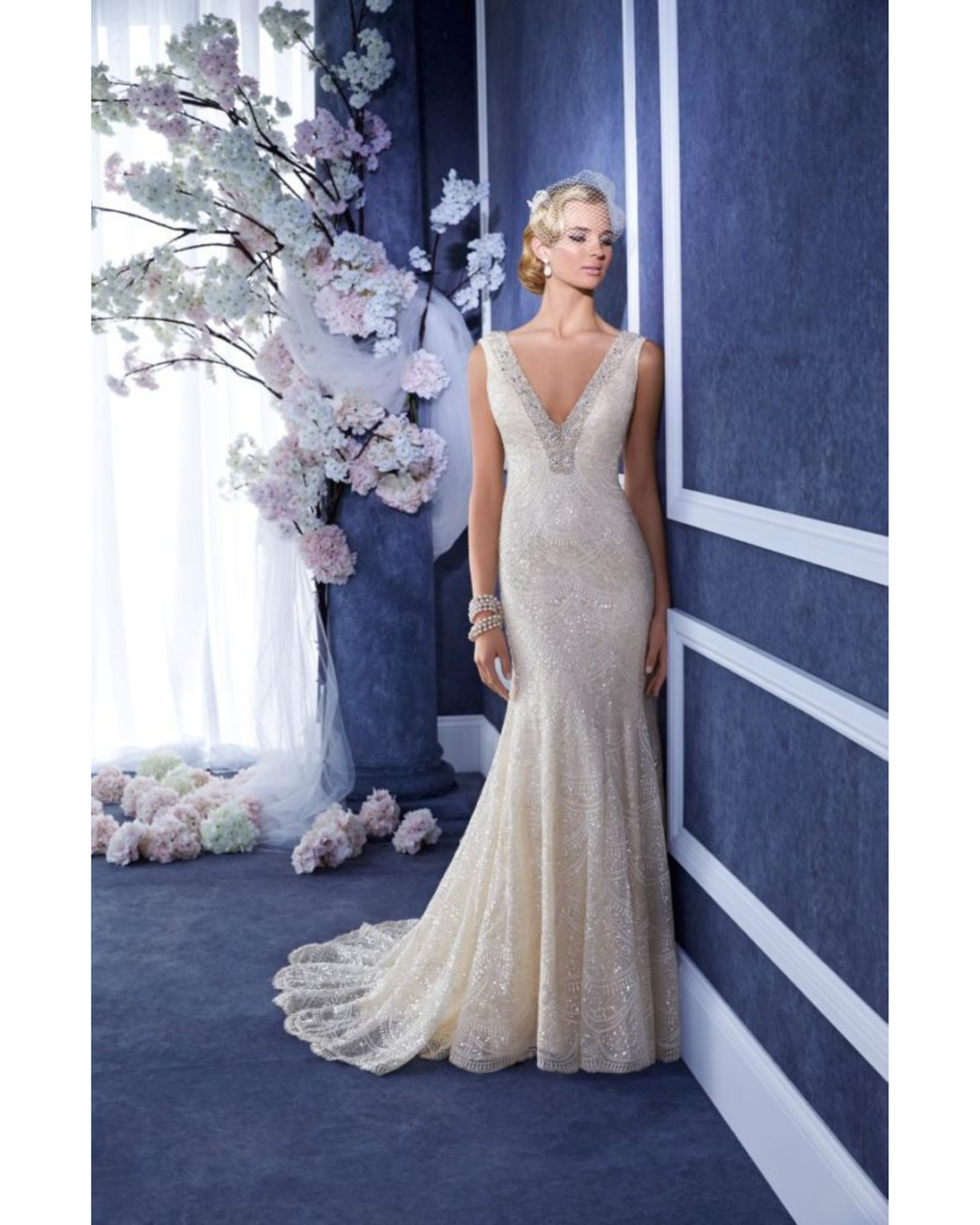 Glamorous champagne beaded mermaid wedding gown with V-neckline and chapel train — Ronald Joyce | Endless UAE