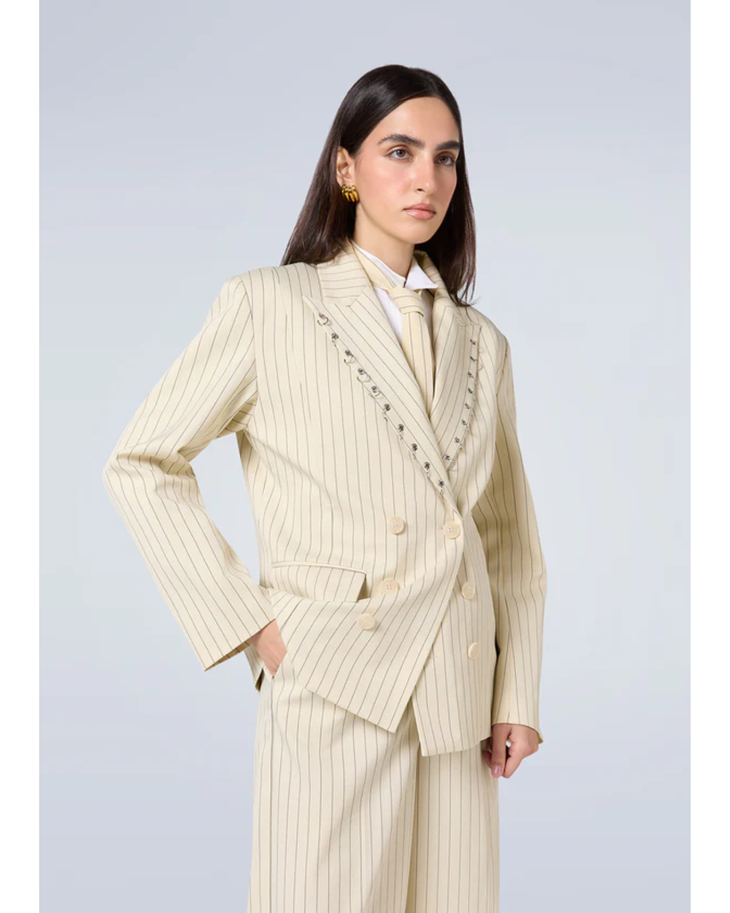 Cream double-breasted blazer and wide-leg trousers set — MAYKA | Endless UAE