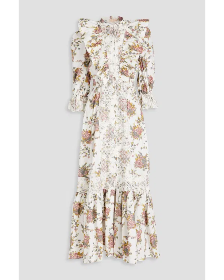 Woman wearing a cream floral ruffled cotton maxi dress with puff sleeves — Bytimo | Endless UAE
