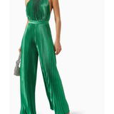 Green pleated halter jumpsuit with low back design — L'IDÉE | Endless UAE