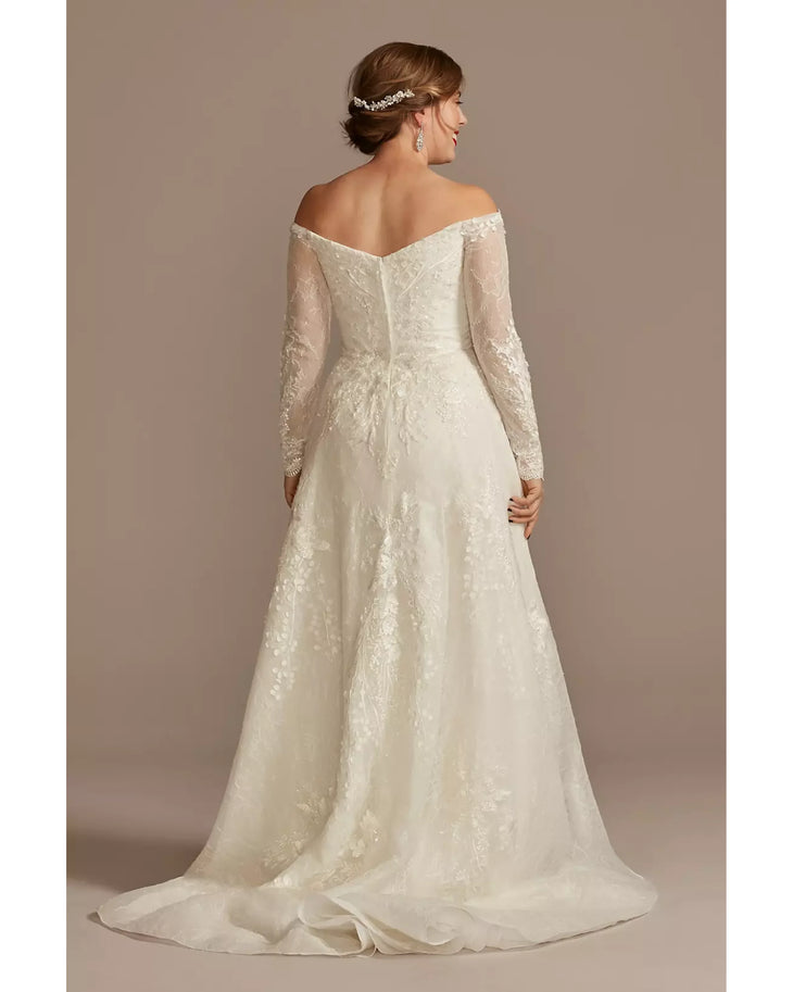 Off-the-shoulder lace wedding dress with long sleeves and leafy applique details, back view — Oleg Cassini | Endless UAE