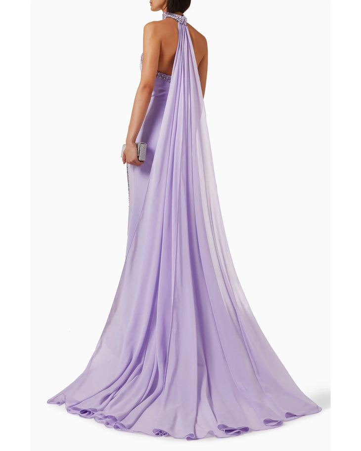 Flowing lavender evening gown with embellished halter choker neckline and open back design — Jovani | Endless UAE