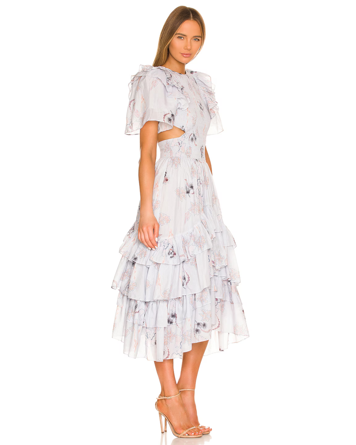 Floral print midi dress with ruffled tiers, flutter sleeves, and cutout waist detail in pale lilac — Magali Pascal | Endless UAE