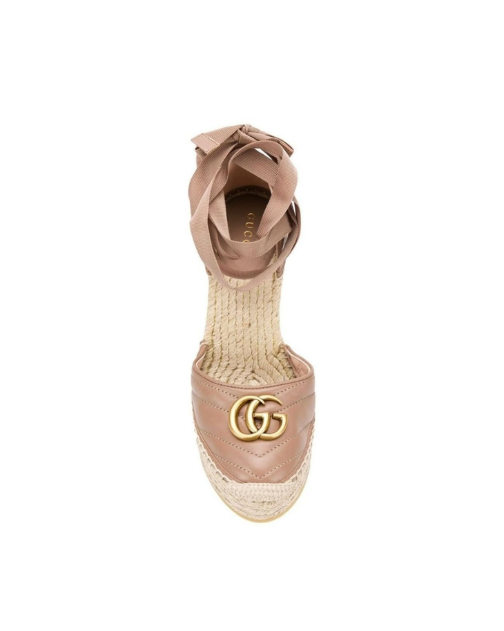 Beige leather GG Marmont espadrille wedge sandal with ankle wrap — Gucci | Endless UAE