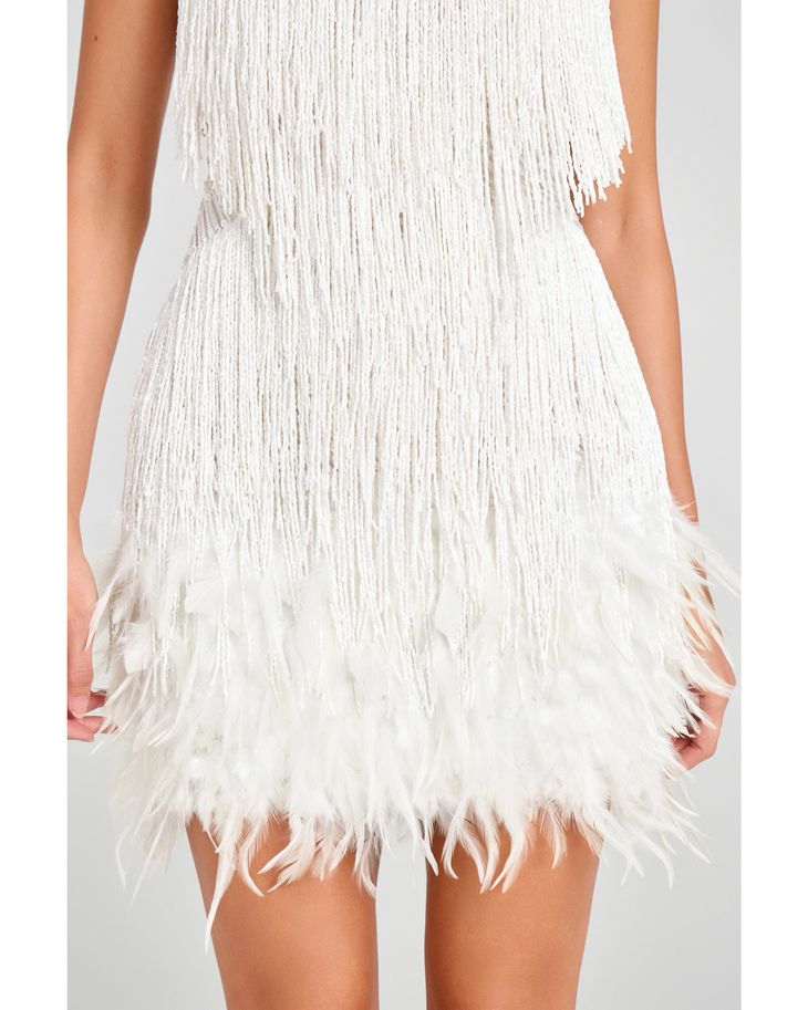 White fringed mini dress with spaghetti straps and V-neckline — Nadine Merabi | Endless UAE
