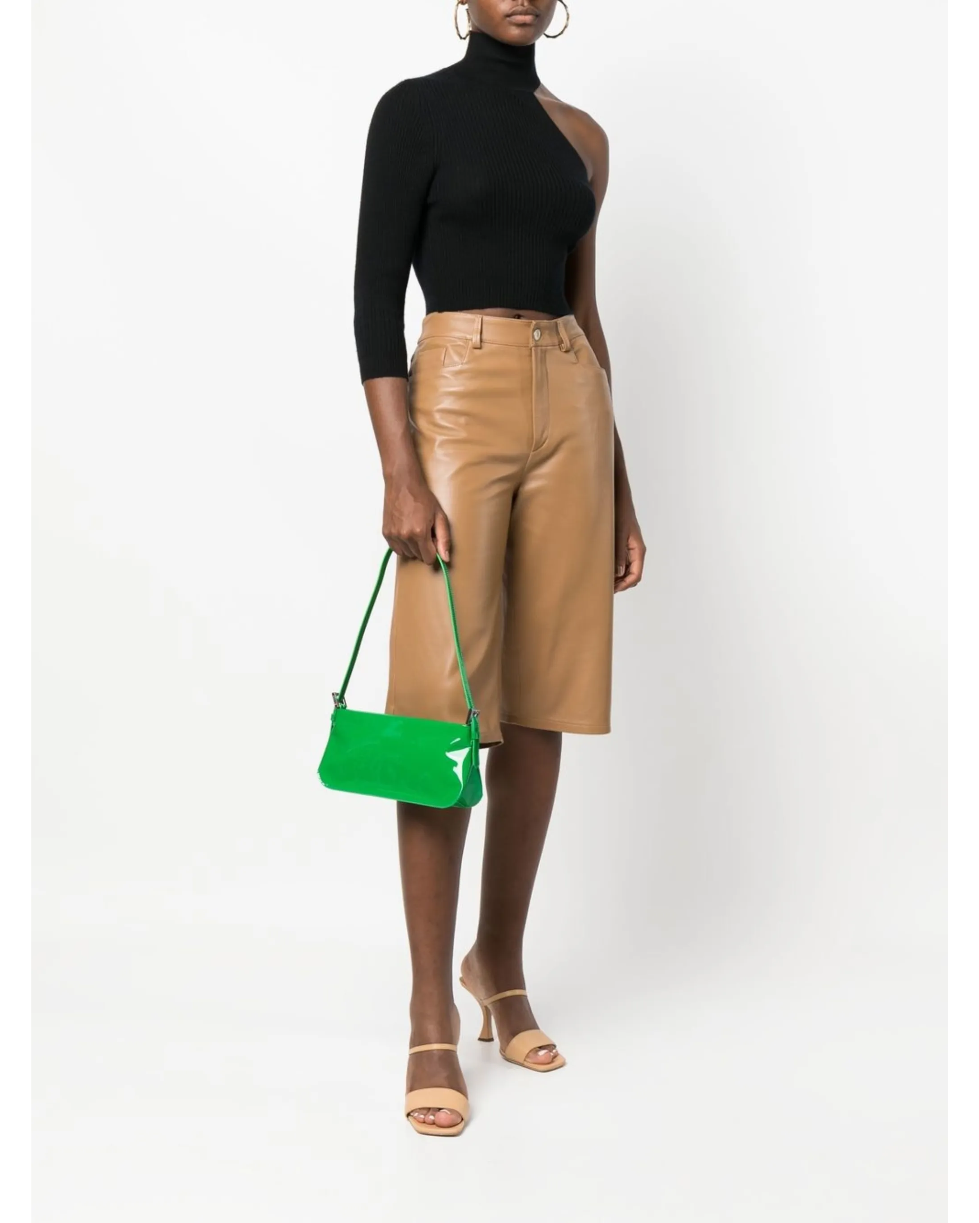 Dulce Patent Leather Shoulder Bag in vibrant green, held up against neutral background — By Far | Endless UAE