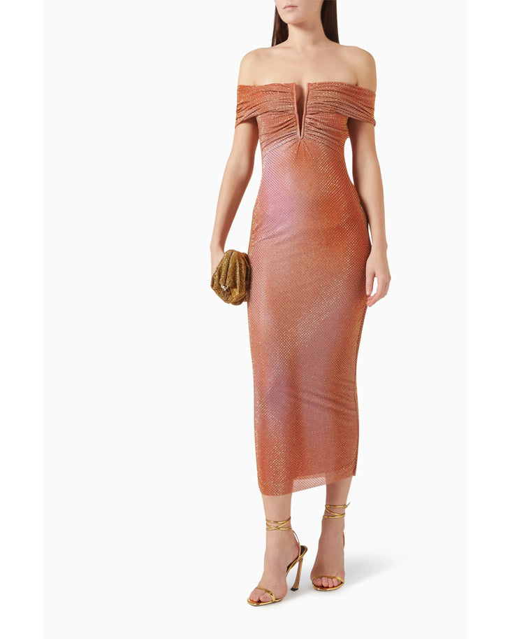 Off-shoulder rhinestone maxi dress in coral with ruched detail — Self-Portrait | Endless UAE