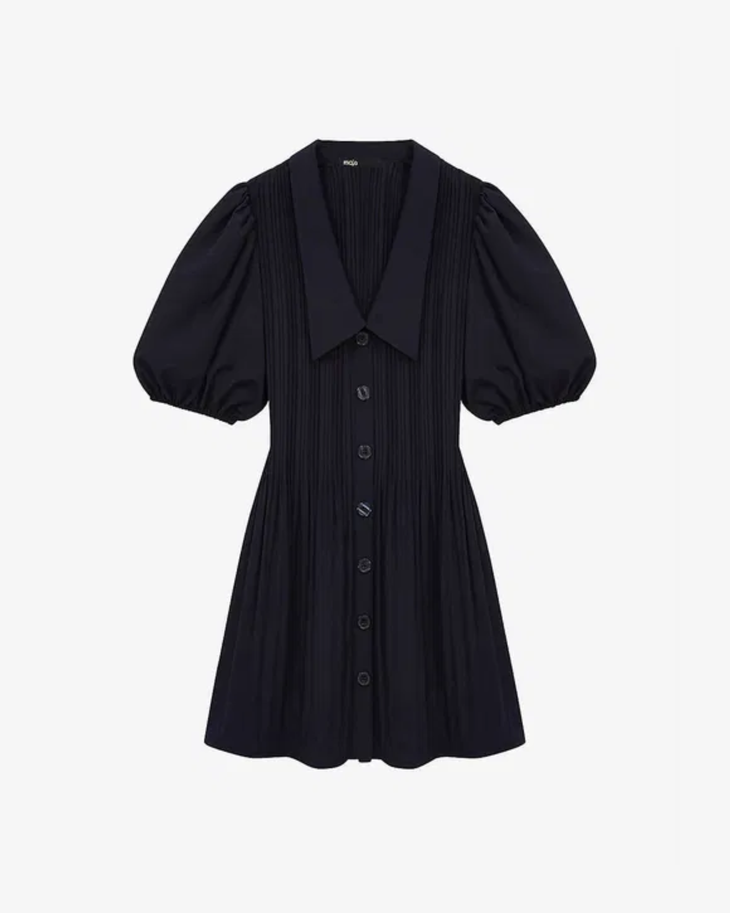 Navy pleated dress with collar and puff sleeves, styled with black knee-high boots — Maje | Endless UAE
