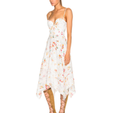White floral print bustier dress with spaghetti straps, fitted bodice, and handkerchief hem — Zimmermann | Endless UAE