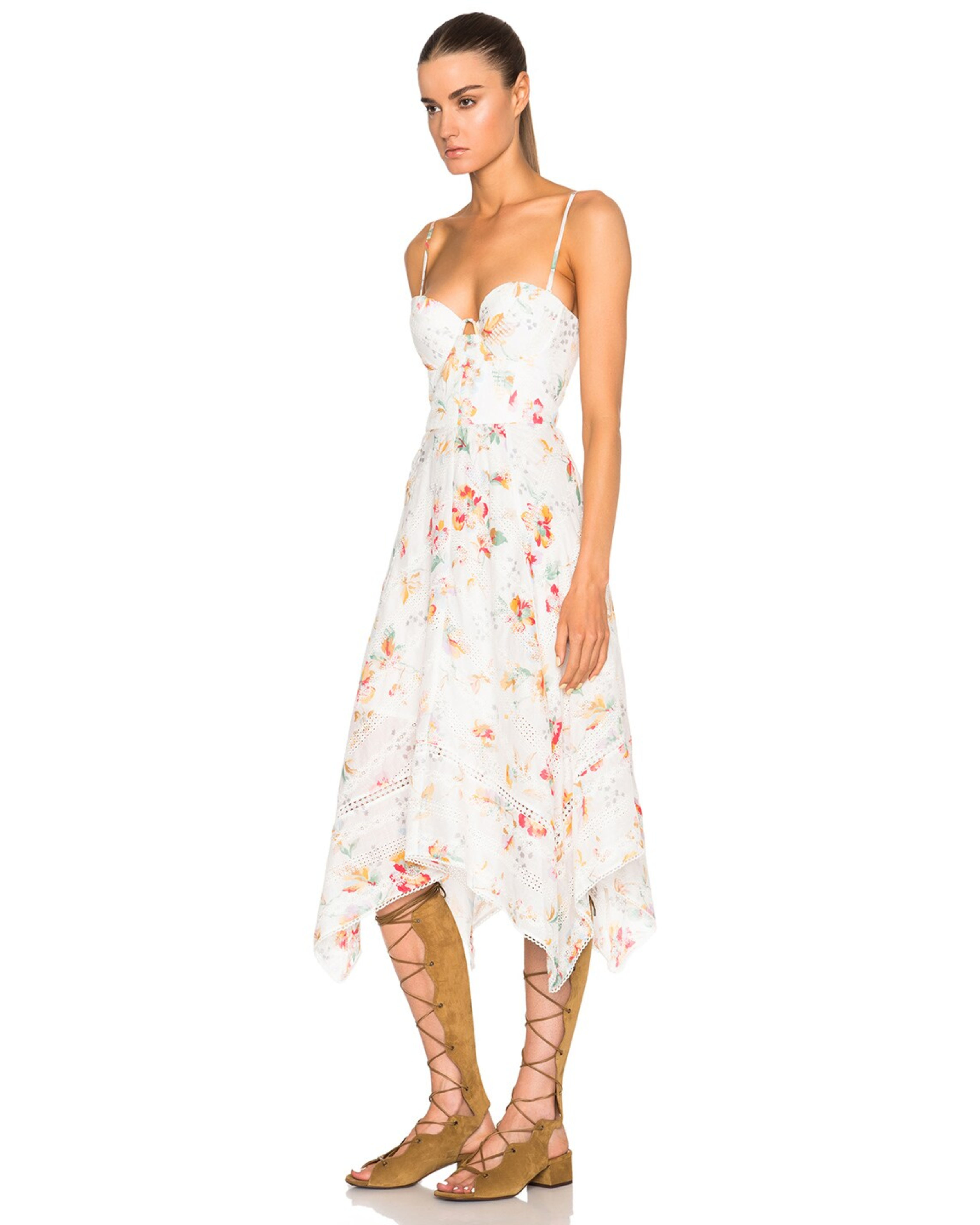 White floral print bustier dress with spaghetti straps, fitted bodice, and handkerchief hem — Zimmermann | Endless UAE