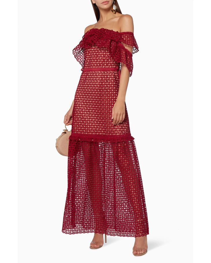Red off-the-shoulder lace dress with ruffled sleeves and cutwork detailing — Self-Portrait | Endless UAE