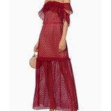 Red Off-The-Shoulder Frill Cutwork Dress
