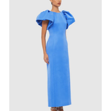 Woman wearing steel blue Lucinda Maxi Dress with puffed sleeves, viewed from back — Leo Lin | Endless UAE