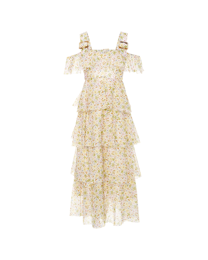 Woman wearing a floral-printed tiered midi dress with cold-shoulder ruffles and white sneakers — Needle & Thread | Endless UAE