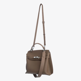 Brown leather structured handbag with gold hardware and pink shoulder strap — Endless | Endless UAE