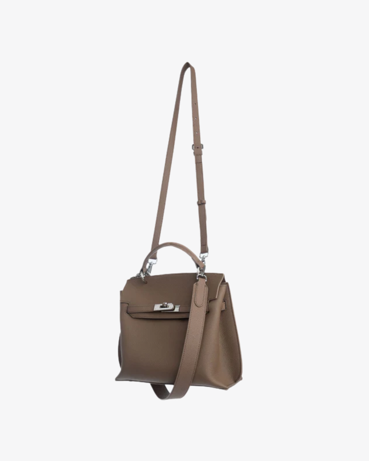 Brown leather structured handbag with gold hardware and pink shoulder strap — Endless | Endless UAE