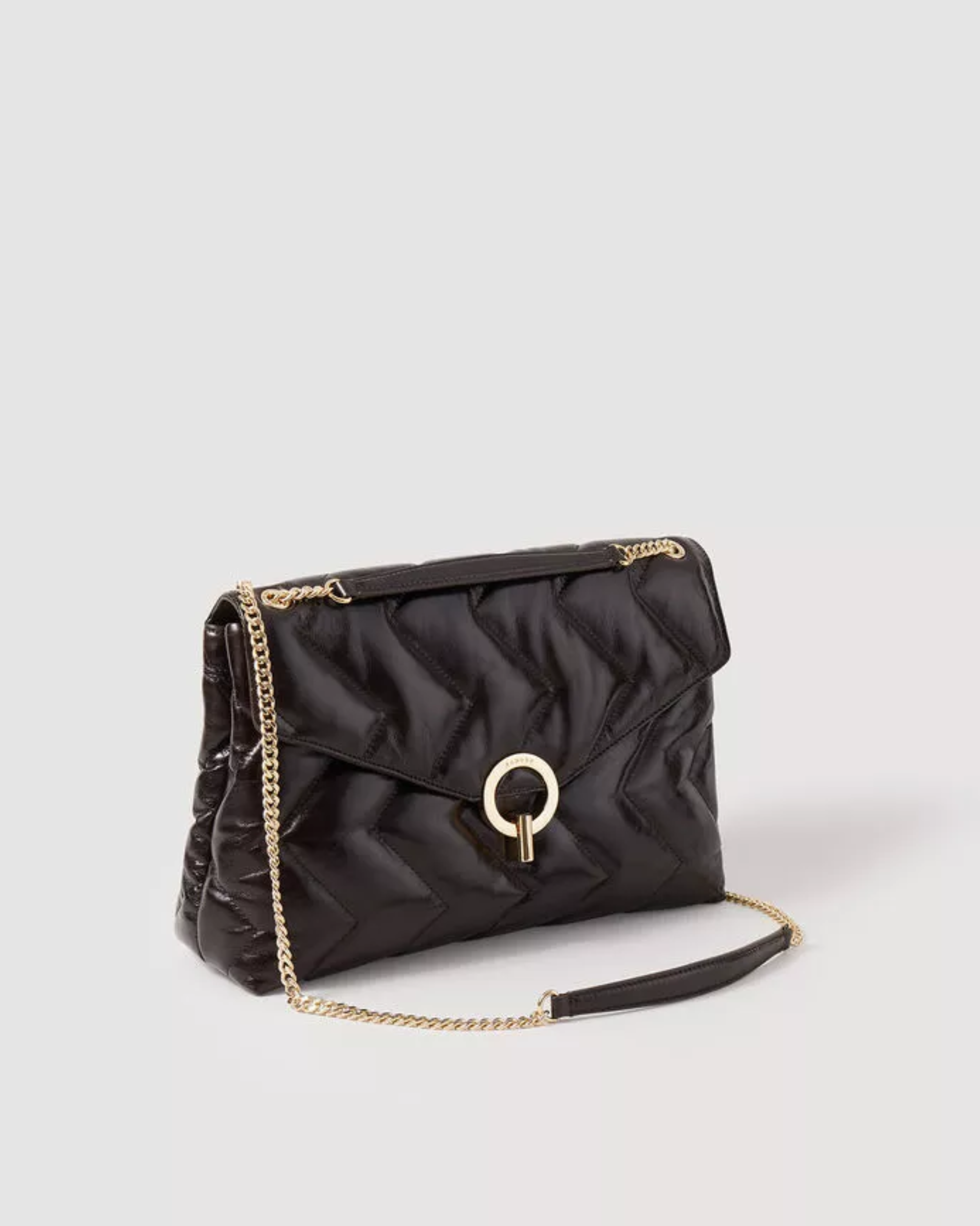 Black quilted leather shoulder bag with chain strap and gold ring closure — Sandro | Endless UAE