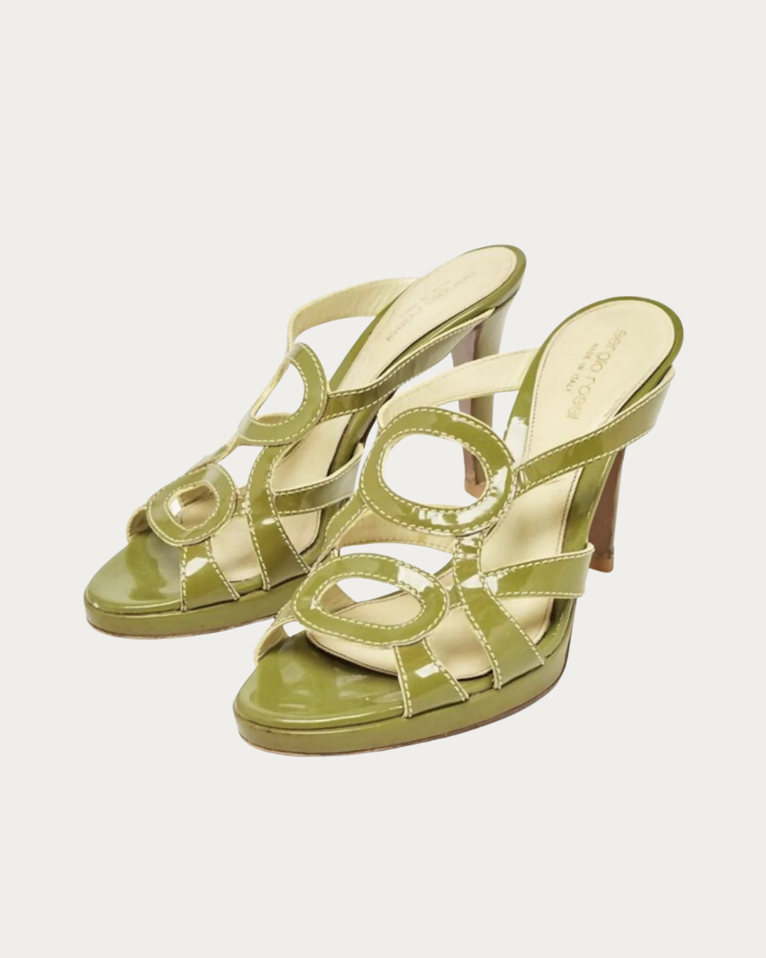 Green patent leather platform strappy heel with crisscross design — Sergio Rossi | Endless UAE