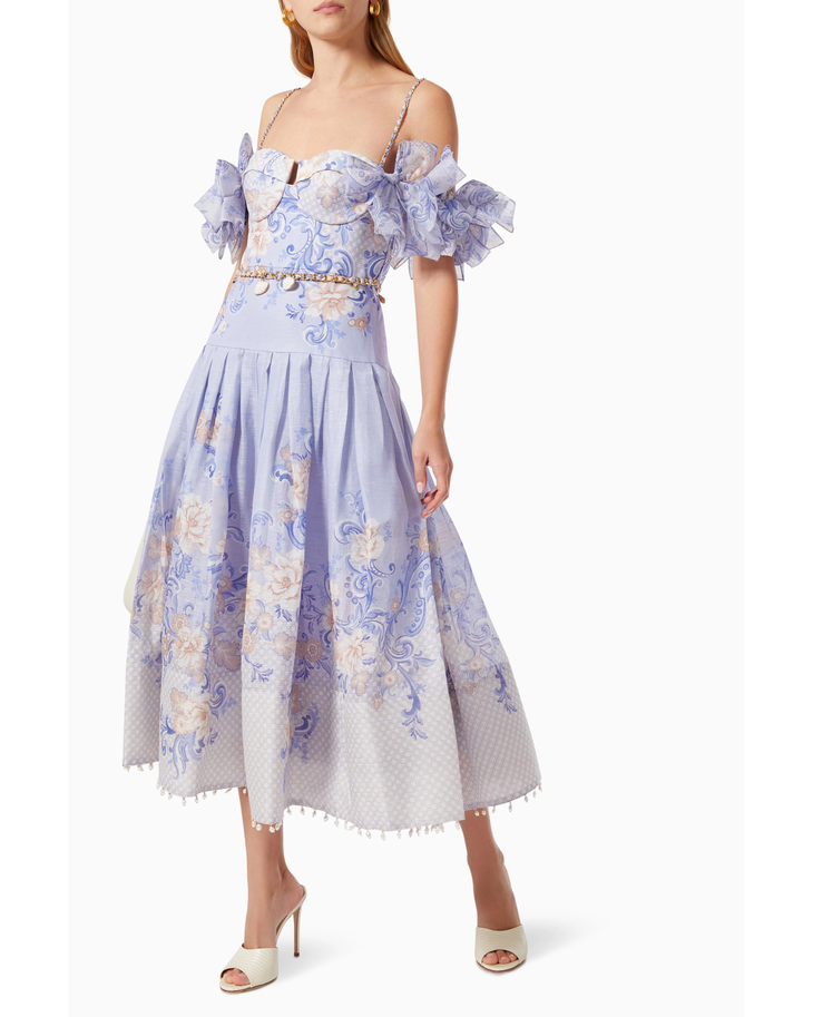 Postcard Bow Bodice Dress in lavender floral print with cold-shoulder design — Zimmermann | Endless UAE
