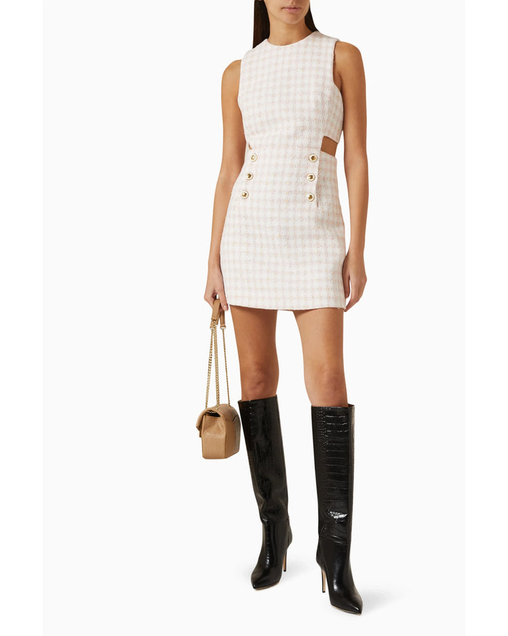 Cream textured mini dress with cutout detail and gold button accents — Sandro | Endless UAE