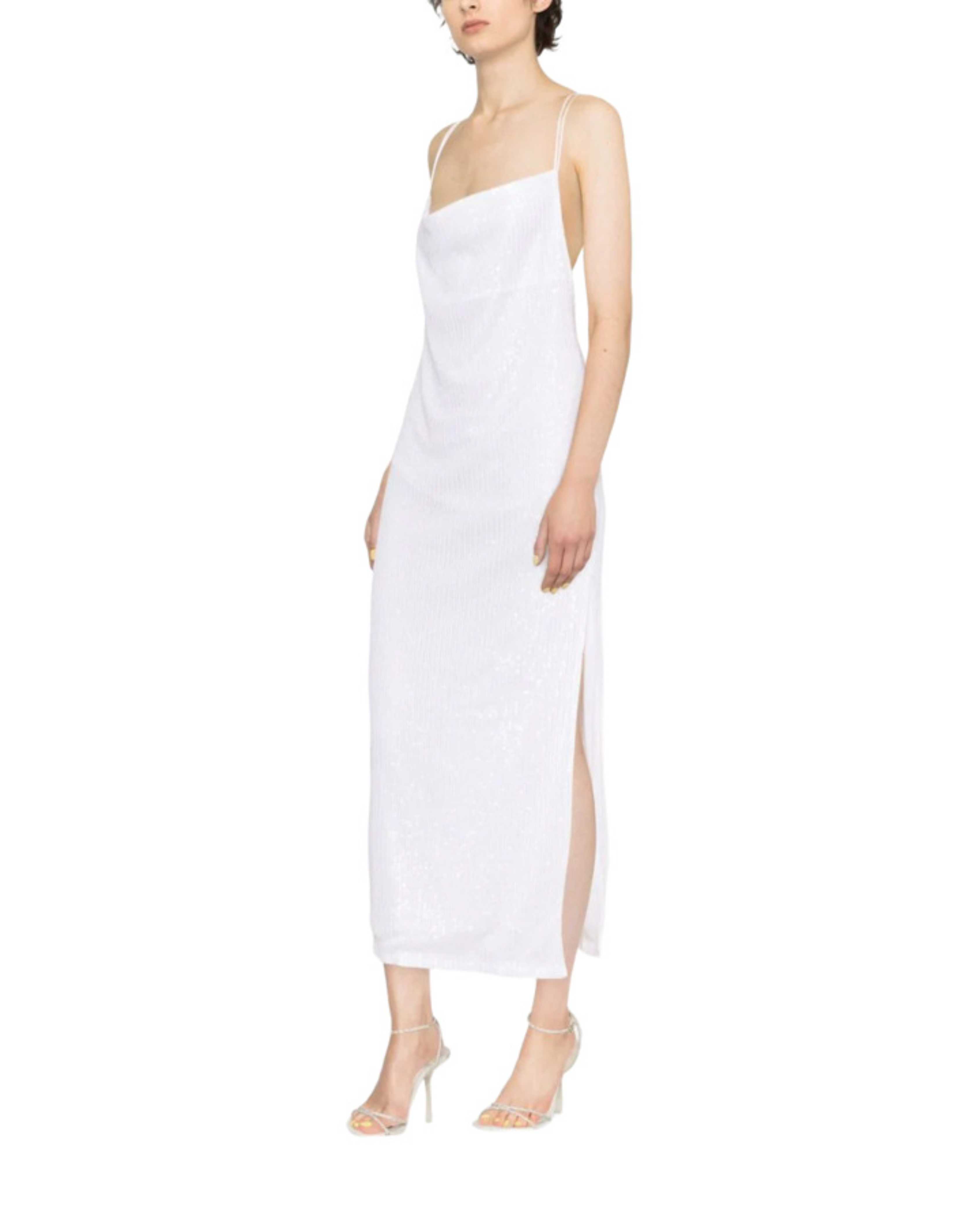 Woman wearing white sequin midi camisole dress with strappy heels — Rotate | Endless UAE