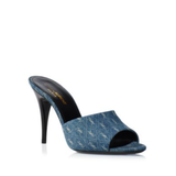 Denim blue high heel mule sandals with branded logo detail and black stiletto heel — Yves Saint Laurent | Endless UAE
