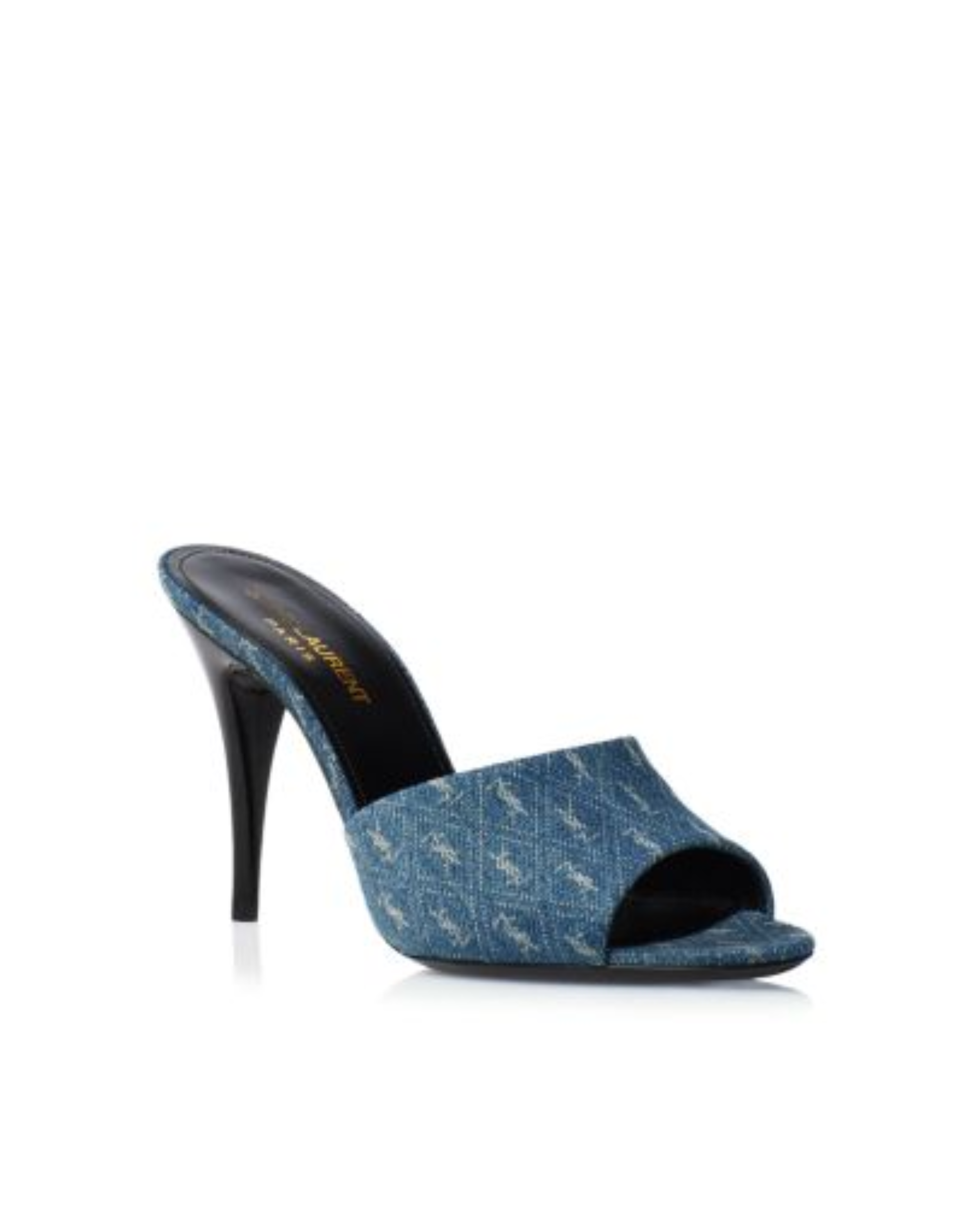 Denim blue high heel mule sandals with branded logo detail and black stiletto heel — Yves Saint Laurent | Endless UAE
