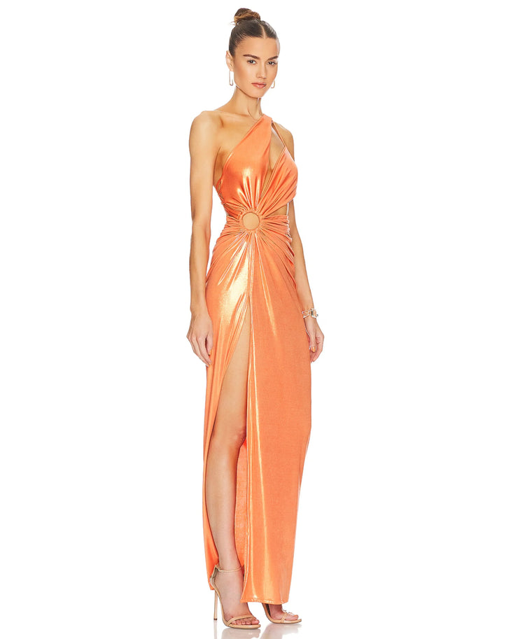 Woman wearing an orange metallic one-shoulder draped gown with high slit — J.Angelique | Endless UAE