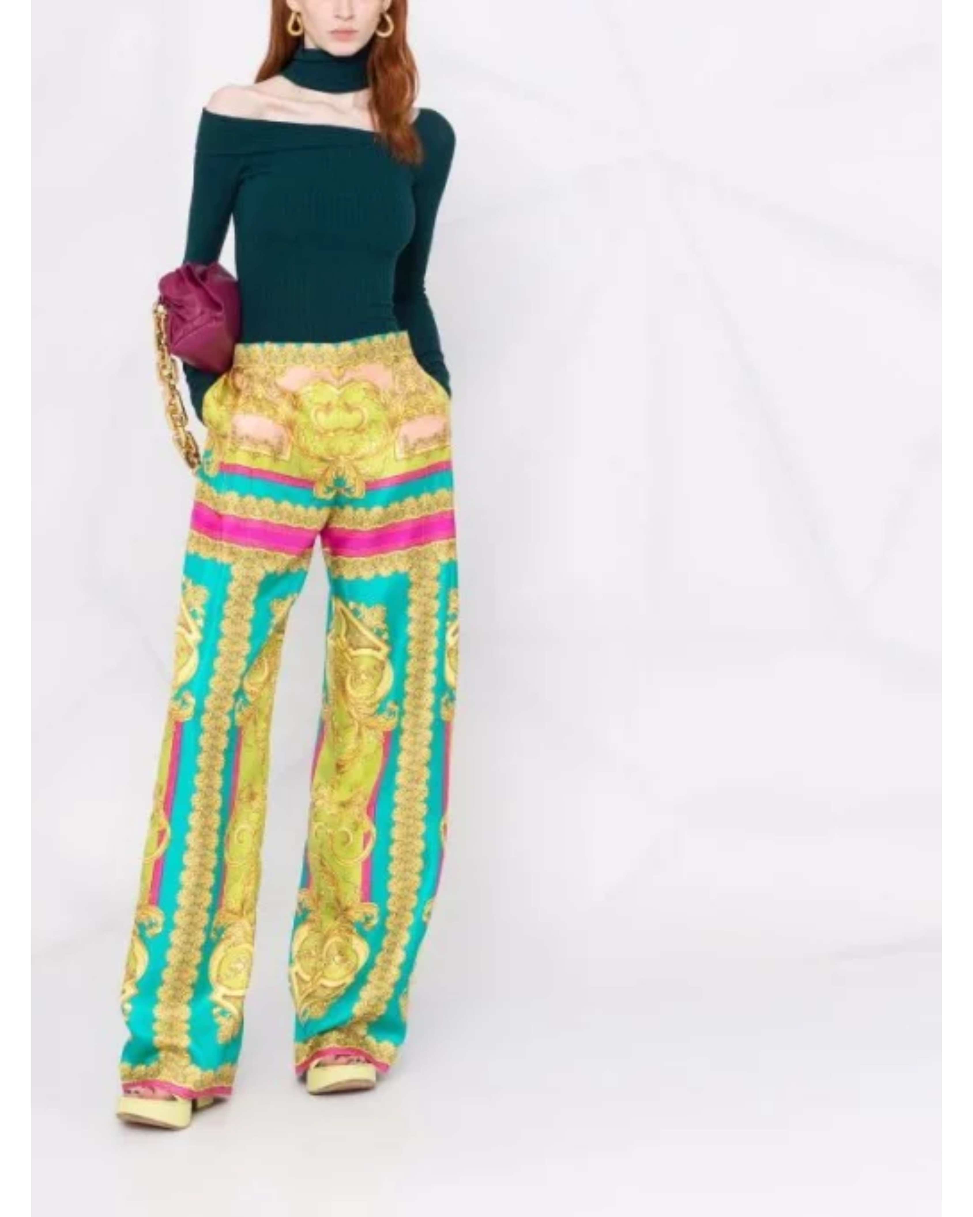 Barocco Goddess Silk Trousers in yellow, turquoise and magenta — Versace | Endless UAE