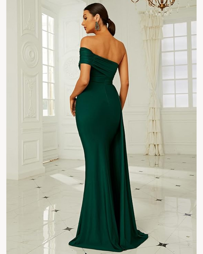 One Shoulder Ruched Draped Side Floor Length Formal Dress