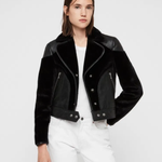 Zola Lux Leather Biker Jacket in black with notch lapels and zip pockets — All Saints | Endless UAE