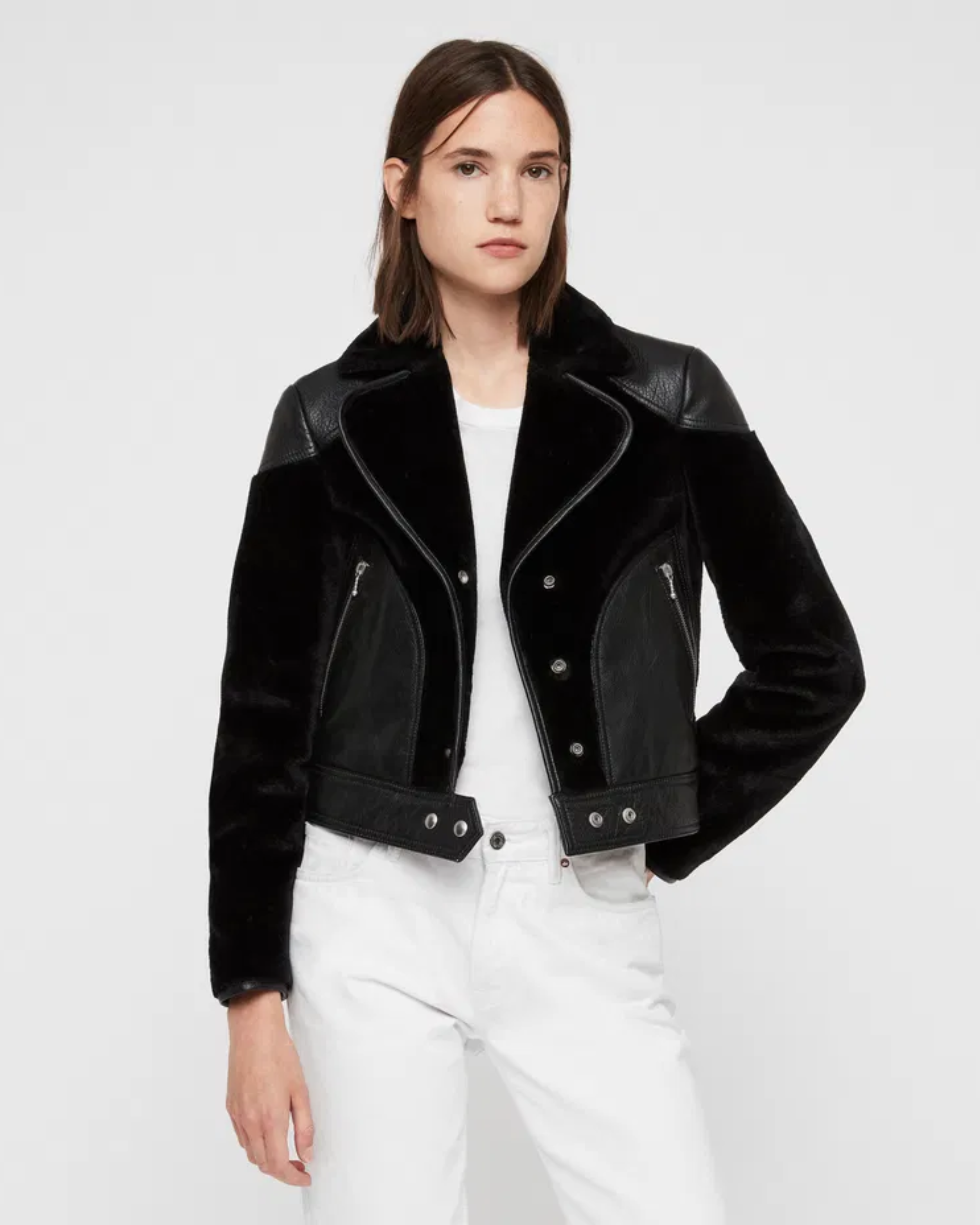 Zola Lux Leather Biker Jacket in black with notch lapels and zip pockets — All Saints | Endless UAE