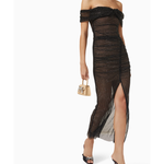 Off-shoulder rhinestone mesh midi dress with thigh slit in black — Self-Portrait | Endless UAE