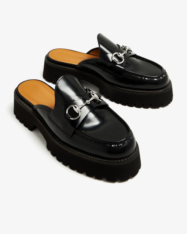 Black leather Horsebit mules with chunky lug sole and silver hardware — Gucci | Endless UAE