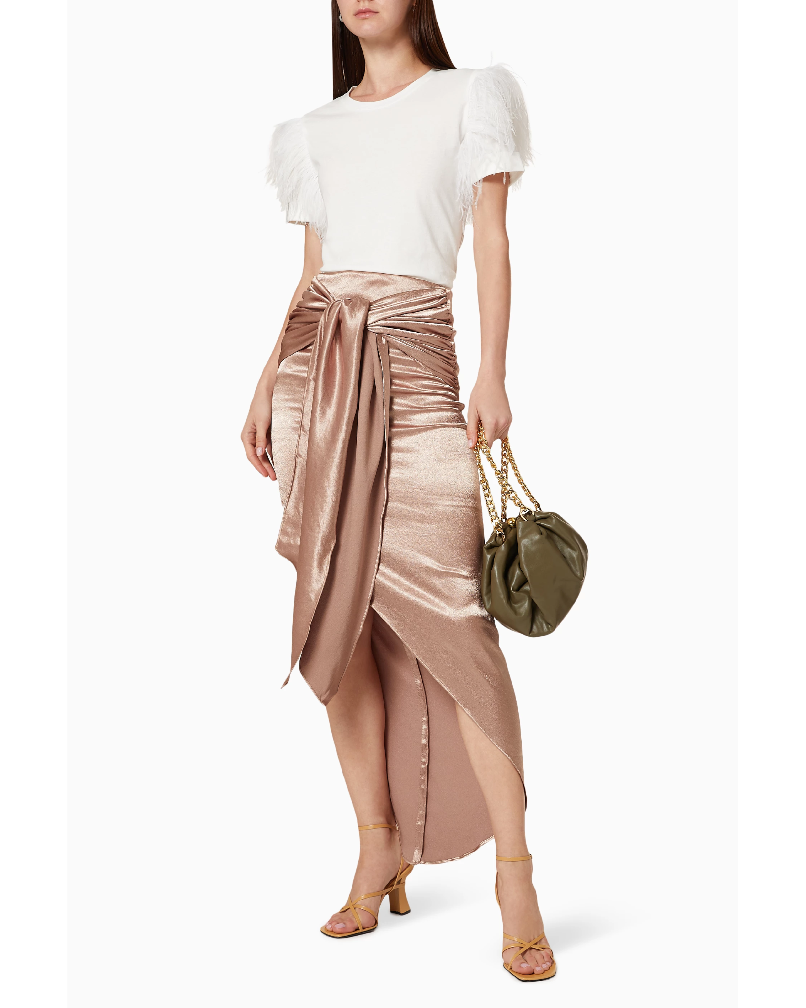 Rose gold velour wrap skirt with ruched detailing styled with white top — No Pise La Grama | Endless UAE