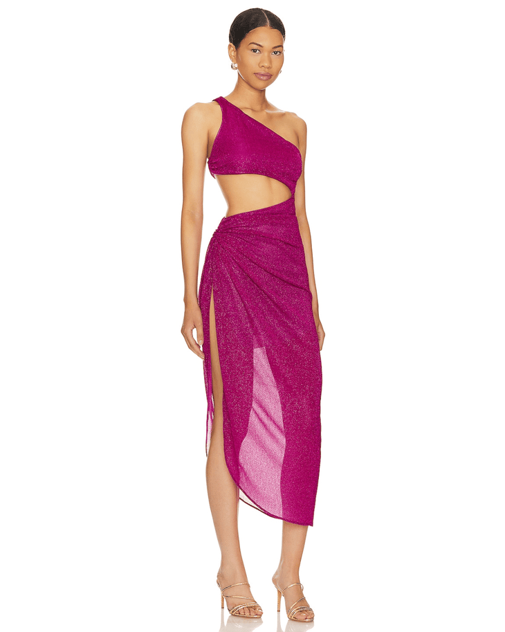 Magenta glitter one-shoulder midi dress with cutout waist and high slit — Baobab | Endless UAE