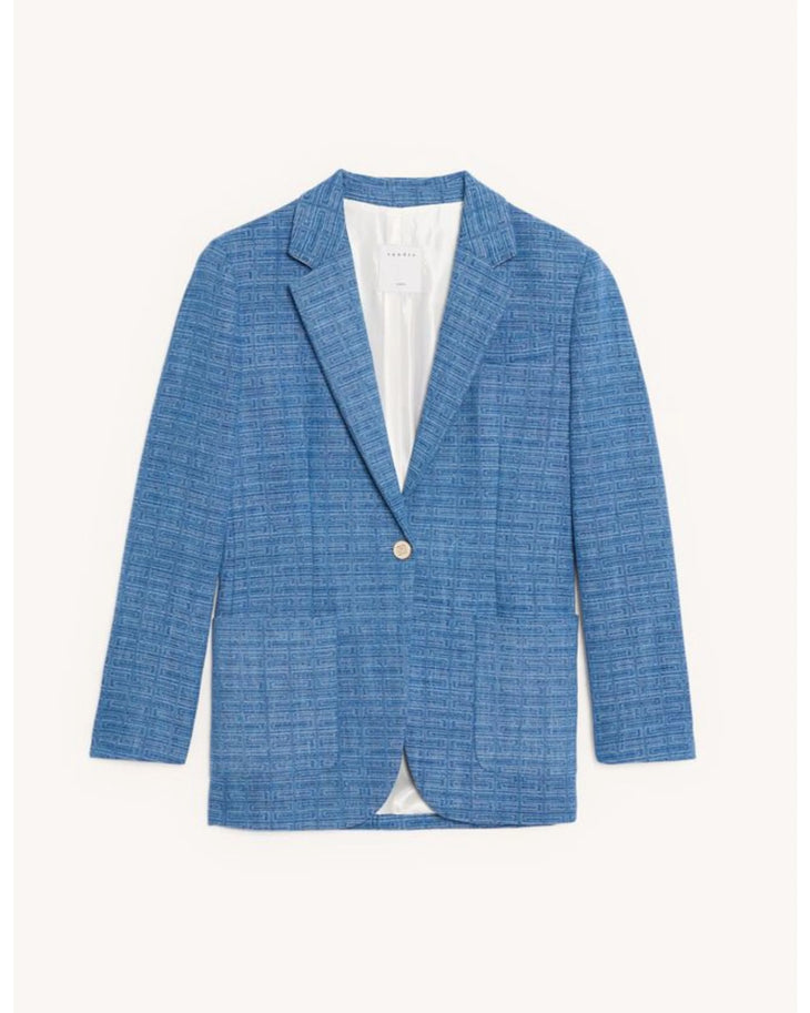 Blue geometric knit blazer worn with white shirt and burgundy boots — Sandro | Endless UAE